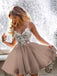 Spaghetti Strap Sweetheart Brown Chiffon Lace Appliqued Homecoming Dresses, HDS0045