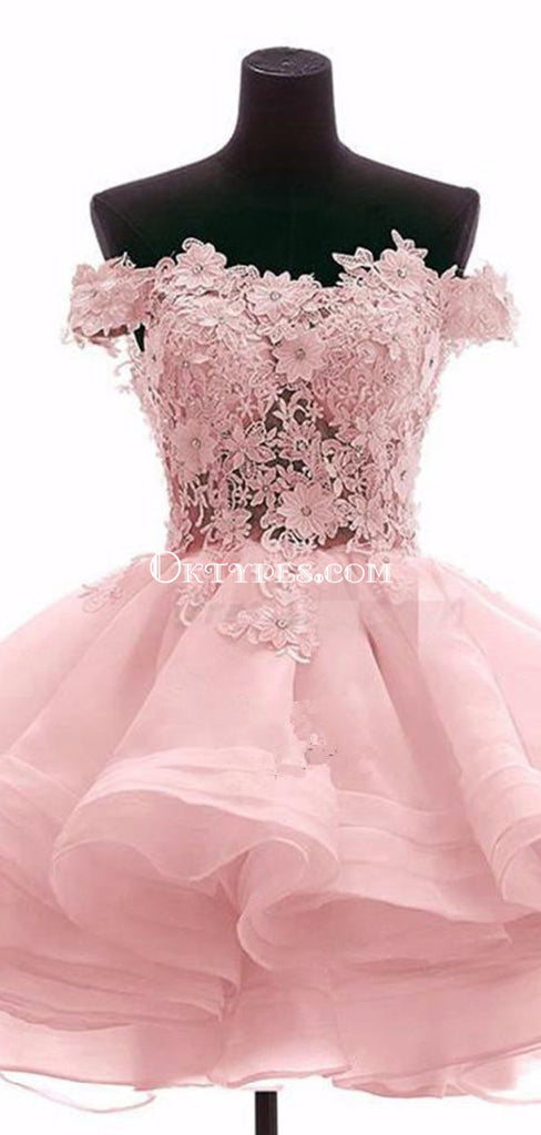 Off Shoulder Pink Lace See Through Short Cheap Homecoming Dresses 2018, CM544