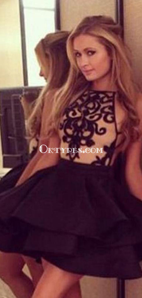 Black Halter Sleeveless Short Cheap Homecoming Dresses With Applique, TYP1146