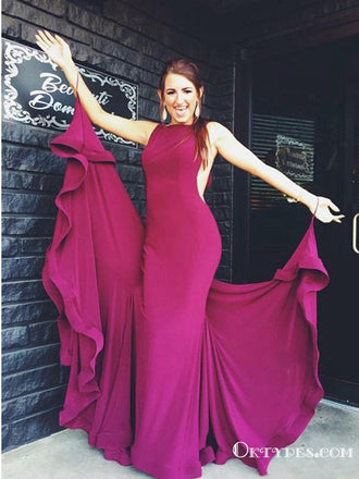 Mermaid Jewel Sweep Train Elastic Satin Long Cheap Prom Dresses, TYP1922