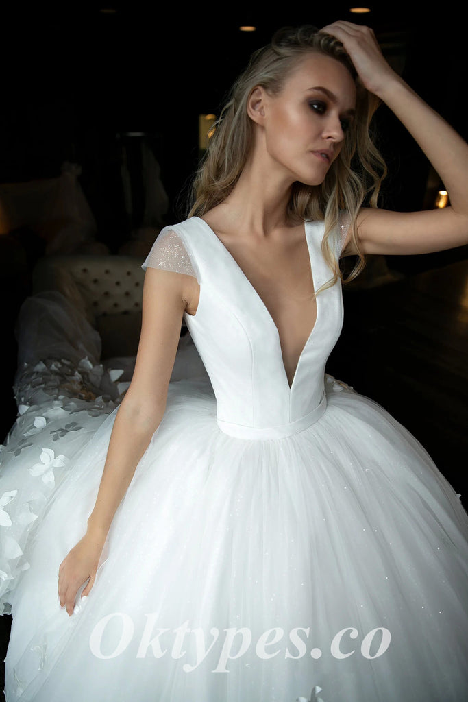 Elegant Deep V-Neck Cap Sleeve A-Line Long Wedding Dresses With Butterfly Applique,WDS0138