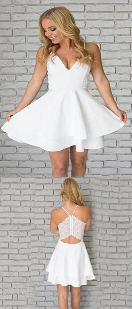 White Chiffon V-Neck Spaghetti Straps A Line Short Mini Homecoming Dresses, HDS0098