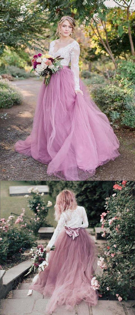 A-Line V-Neck Long Sleeves Pink Tulle Wedding Dresses with Lace Appliques , WDS0114