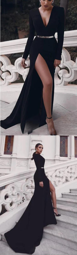 Black Sexy Satin V-Neck Long Sleeves Side Slit Prom Dresses, PDS0298