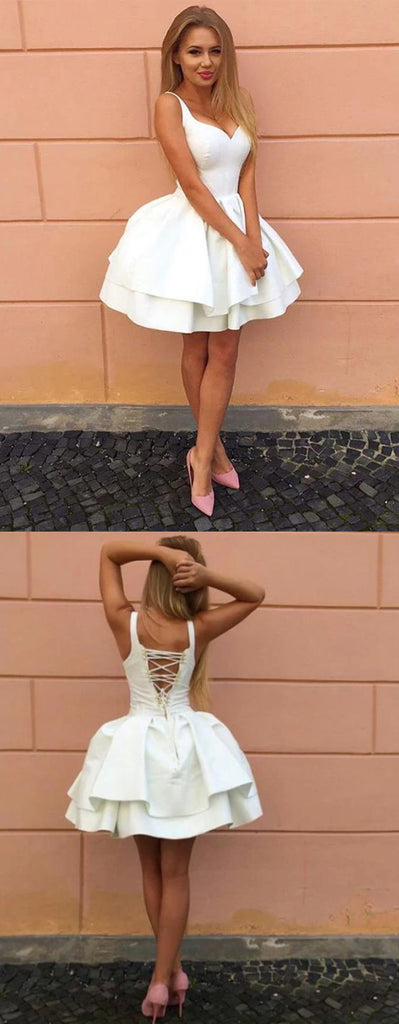 White Satin Princess/A-Line Spaghetti Straps Lace up Homecoming Dresses, HDS0092