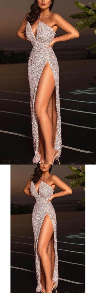 Sexy And Charming Sequin V-Neck Side Slit Sheath Long Floor Length Prom Dresses,PDS0354