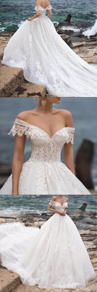 Beautiful V-neck Off Shoulder Cathedral Train Lace Elegant Wedding Dresses, WDS0111