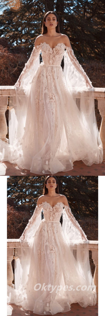 Gorgeous Tulle And Lace Sweetheart Long Sleeves Wedding Dresses With Applique,WDS0124