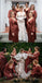 Rust Satin V-Neck Long Sleeves Column Floor Length Long Bridesmaid Dresses, BDS0189
