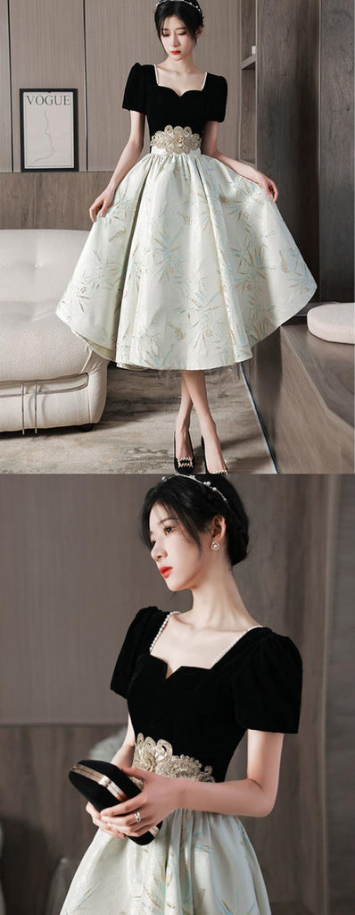 Elegant Velvet Short Sleeve Square Neck Embroidered Applique A-Line Prom Dress, PDS0302