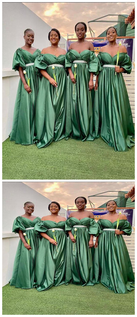 Green A-Line V-Neck Half Sleeve Floor Length Long Bridesmaid Dresses  , BDS0188