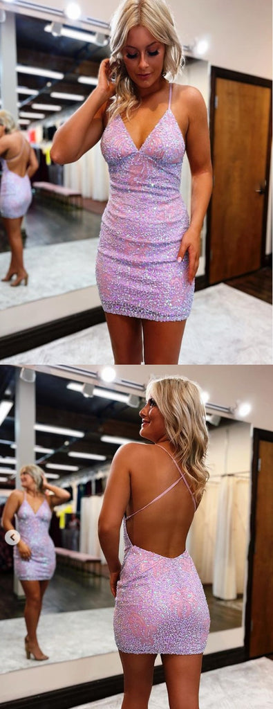 Sexy Pink Sequin V-Neck Spaghetti Straps Backless Embroidered Short Homecoming Dresses, HDS0077