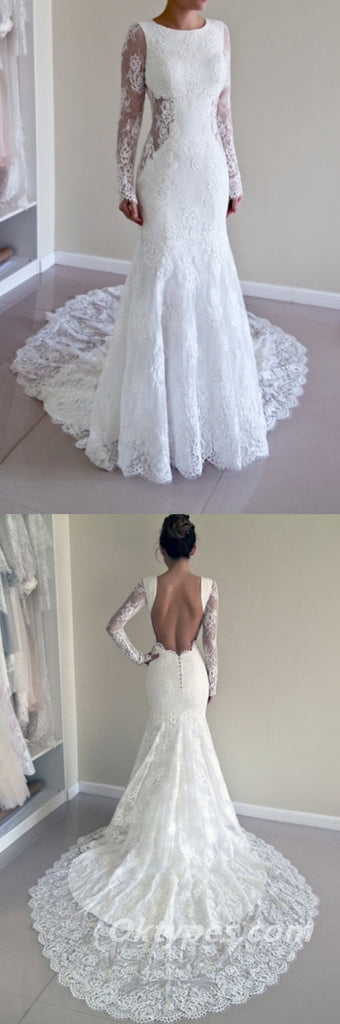 Gorgeous Tulle And Lace Jewel Long Sleeves Open Back Mermaid Long Wedding Dresses,WDS0125