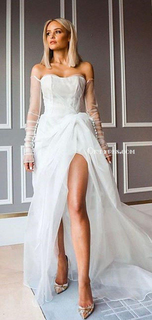 Off-The-Shouler Long Sleeves Ivory Organza Sexy Side Slit A-line Long Cheap Prom Dresses, PDS0074