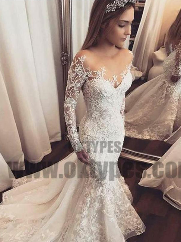 Mermaid Illusion Bateau Long Sleeves Tulle Wedding Dress with Appliques, TYP0710