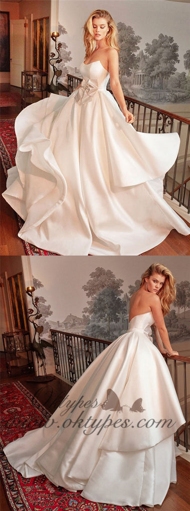A-Line Strapless Long White Satin Wedding Dresses with Bow Knot, TYP1490