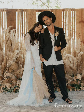 Popular Charming V-neck Long Sleeves A-line Long Cheap Ivory Lace Beach Wedding Dresses, TYP2063