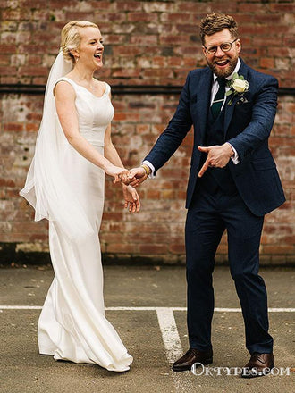 Simple V-neck Sleeveless Sheath Ivory Satin Long Cheap Wedding Dresses, TYP1989