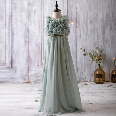 Sleeveless Bustled Flower Top A-line Chiffon Cheap Junior Bridesmaid Flower Girl Dresses, TYP1118