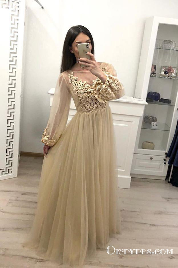 Stunning A Line Long Sleeve Tulle Appliques Prom Dresses, TYP1749