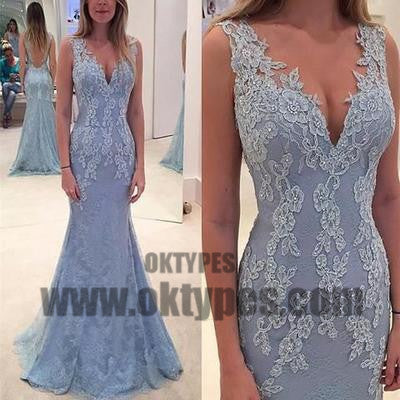 Long Floor Length Prom Dresses, Lace Prom Dresses, Appliques Prom Dresses, V-neck Prom Dresses, V-back Prom Dresses, TYP0200