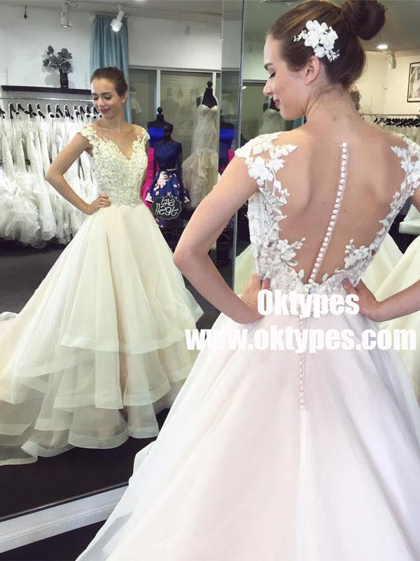 Lace Cap Sleeves See Through Organza Skirt A-line Wedding Dresses Online, TYP0876
