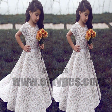 A-Line Round Neck Short Sleeves Sweep Train Ivory Lace Flower Girl Dresses, TYP0719