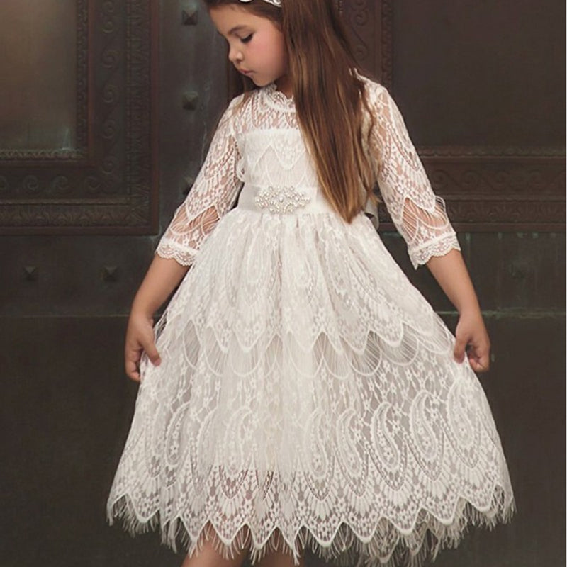 A-Line Round Neck White Lace Flower Girl Dresses with Sash&Beading, TYP1327
