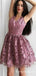 A-Line V-Neck Sleeveless Organza Appliqued With Ruched Short/Mini Cheap Homecoming Dresses, TYP2037
