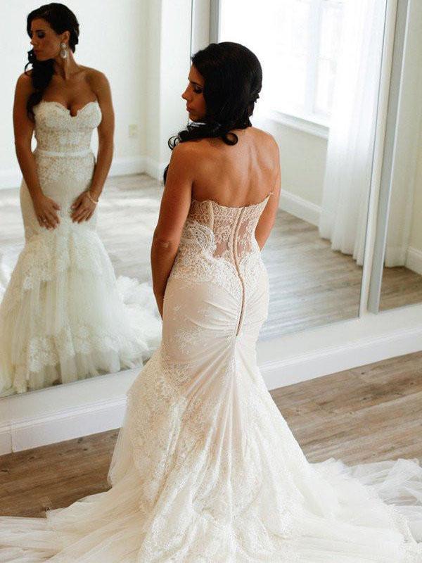 Strapless Mermaid Lace Wedding Dresses, Sexy Long Custom Wedding Gowns, TYP1138