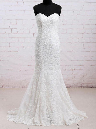 Mermaid Scoop Sleeveless Court Train Long Cheap Lace Wedding Dresses, TYP1038