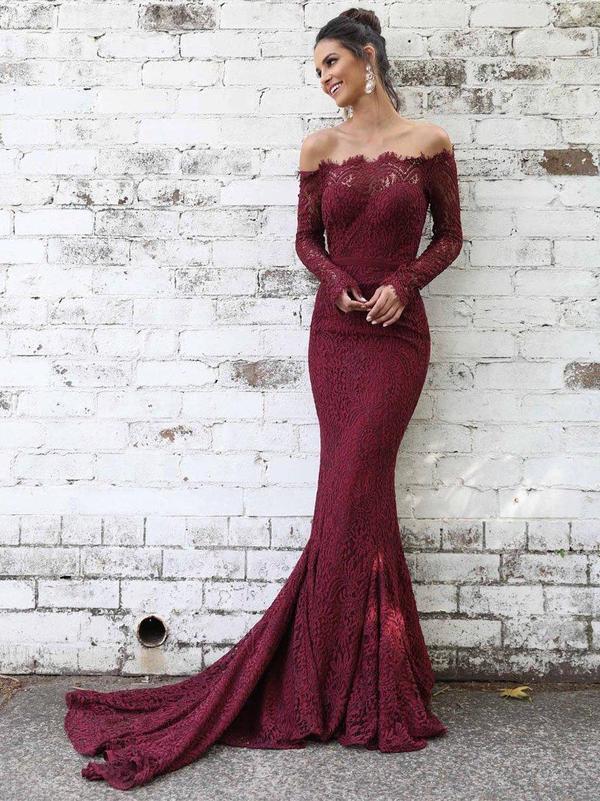 Maroon Long Sleeve Lace Mermaid Off-the-shoulder Prom Dresses, TYP1454