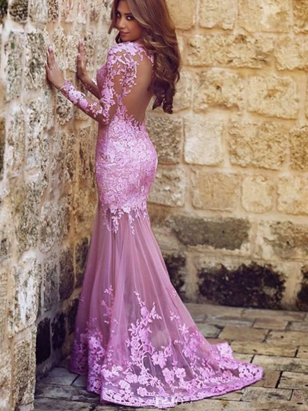 Mermaid Long Sleeves Open Back Purple Tulle Prom Dress with Lace Appliques, TYP1287