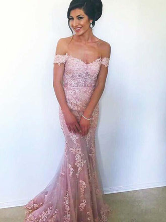 Pink Off Shoulder Lace Mermaid Sexy Long Prom Dresses Online, TYP1586