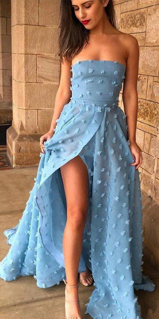 Sexy A line See Through Strapless Slit Backless Blue Prom Dresses with Appliques, PDS0052