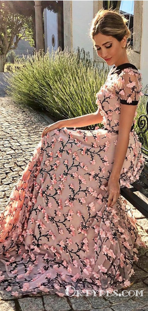 See-Through Floral Holiday Long Cheap Prom Dresses with Appliques, TYP1895