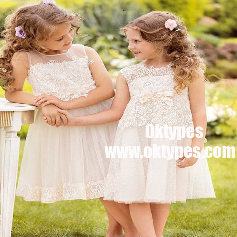 A-Line Round Neck White Lace Flower Girl Dress with Lace Bow Knot, TYP0890