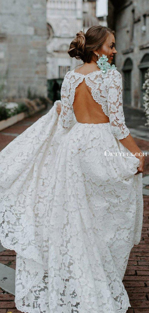 Elegant Lace Half Sleeve Open Back A-line Long Cheap Wedding Dresses, WDS0022
