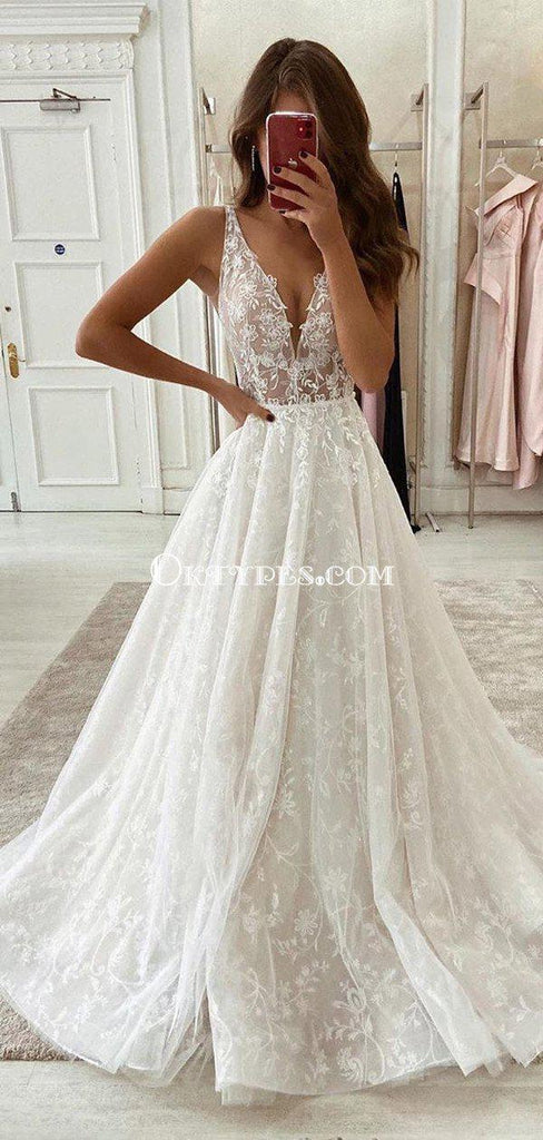 Newest V-neck Pretty Lace Backless A-line Long Cheap Wedding Dresses, WDS0045