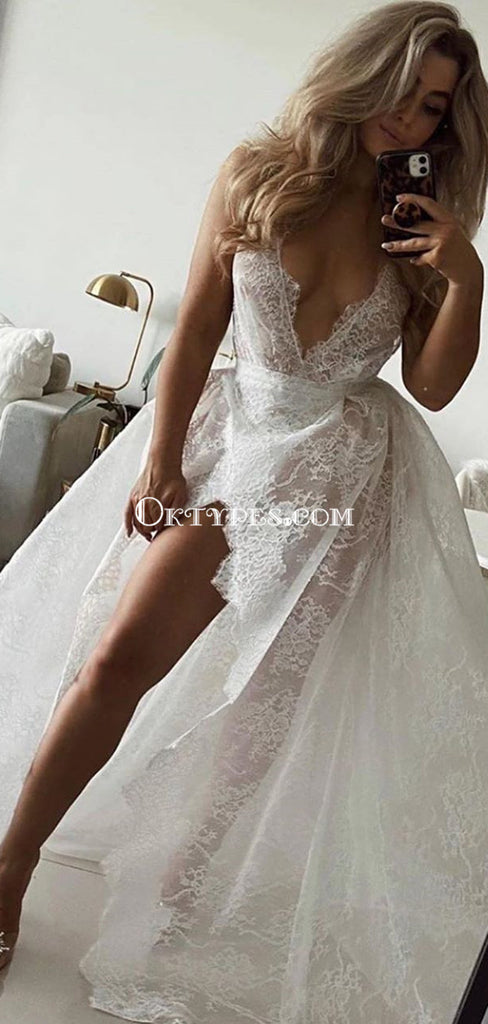 Sexy V-neck Lace Side Slit A-line Long Cheap Wedding Dresses, WDS0075