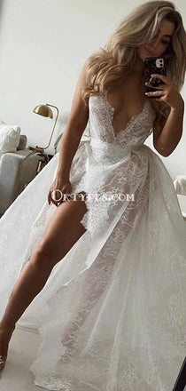 Sexy V-neck Lace Side Slit A-line Long Cheap Wedding Dresses, WDS0075