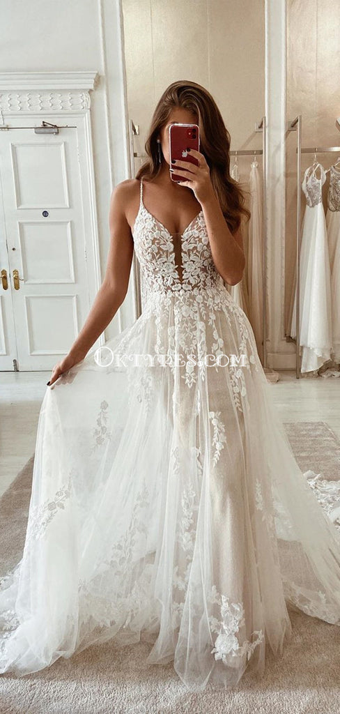 Spaghetti Strap Lace Appliqued Tulle A-line Long Cheap Wedding Dresses, WDS0063