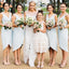 Sexy V-Neck Sleeveless Asymmetry Light Blue Satin Short Cheap Bridesmaid Dresses Online, TYP0145