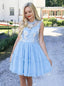 Elegant Jewel Short Cheap Light Blue Tulle Homecoming Party Dresses with Lace, TYP1089