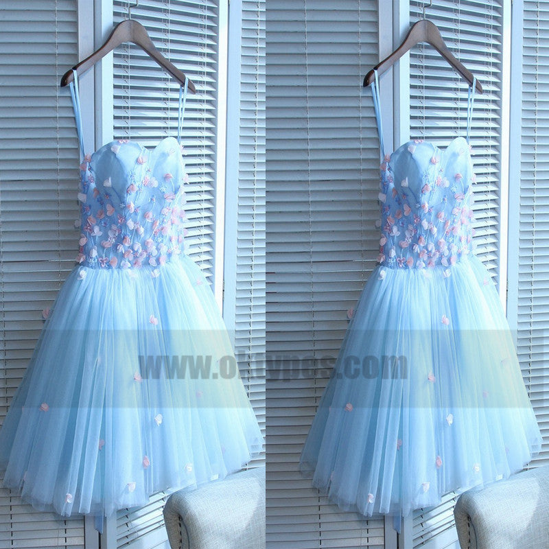 Light Blue Spaghetti Strap Handmade Flower Appliques Tulle Lace Up Princess Homecoming Dresses, TYP0764