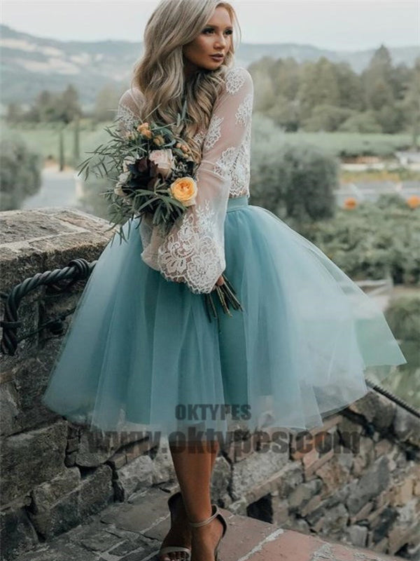 New Arrival Boho Style Long Sleeve See Through Lace Top Blue Tulle Homecoming Dresses, TYP0513