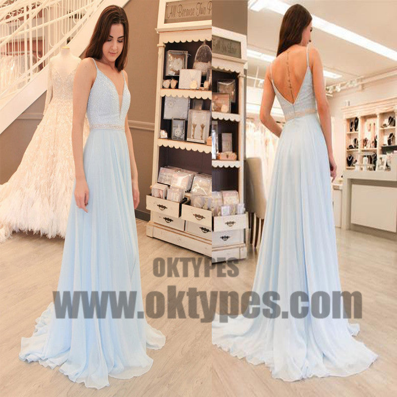 Spaghetti Beaded Light Blue Chiffon Prom Dresses, Formal Dresses, Evening Dresses, TYP0699