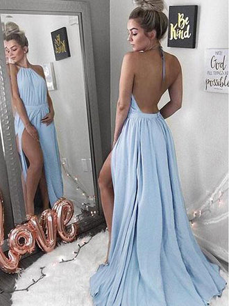 Sexy Halter Light Blue Backless Chiffon Long Prom Dresses with Split, TYP1438
