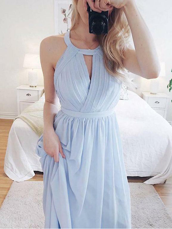 Charming Light Sky Blue Long Chiffon Prom Dresses with Open Back, TYP1599