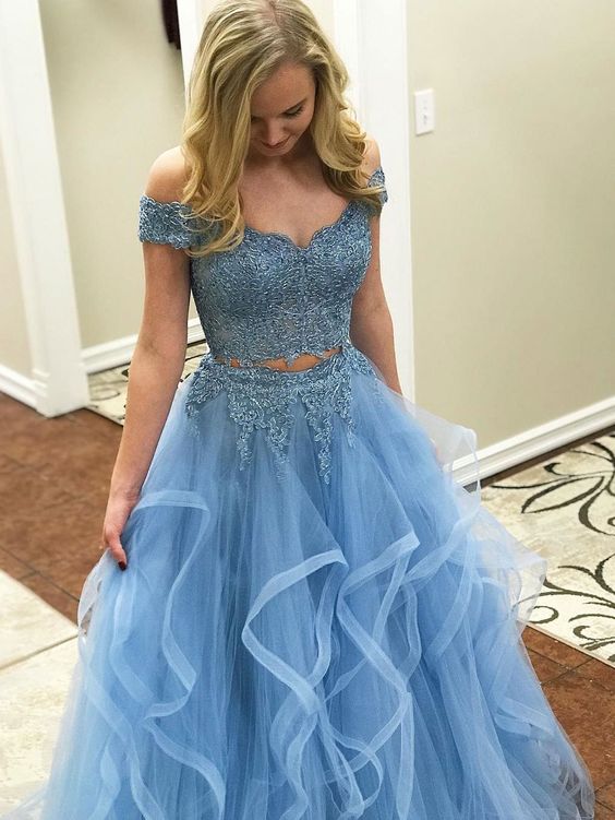 Off the Shoulder Two Piece Prom Dresses,Lace 2 Piece Formal Dresses, T – Oktypes